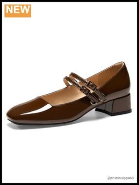Faux Leather Mary Jane Low Heel Pumps Double Strap Square Toe Women's Shoes
